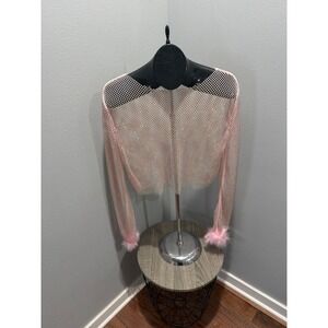 Pink Sparkly Mesh Top Long Sleeve with Feather Cuffs